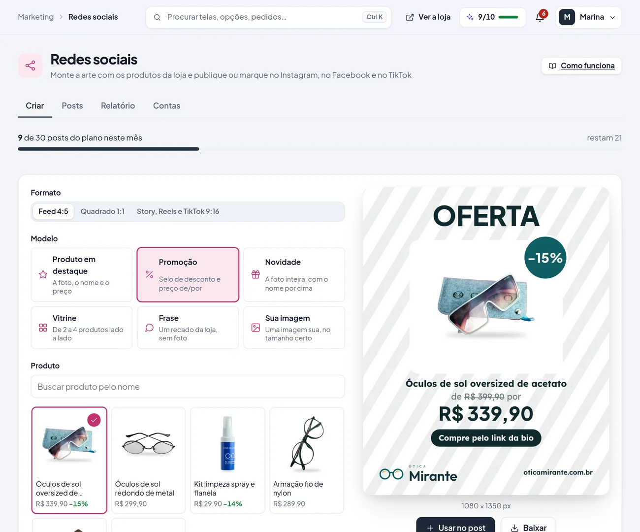 O estúdio de posts no painel: formatos, modelos, os produtos da loja e a arte pronta