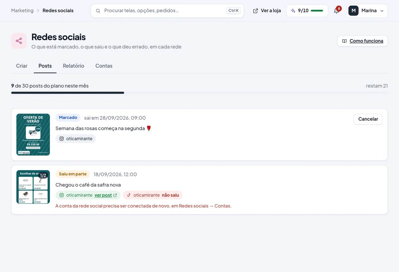 Tela Posts das redes sociais no painel