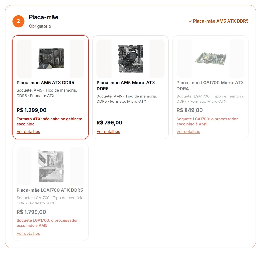 A etapa Placa-mãe: as placas LGA1700 apagadas com o motivo, e a placa ATX marcada em vermelho porque não cabe no gabinete A etapa Placa-mãe: as placas LGA1700 apagadas com o motivo, e a placa ATX marcada em vermelho porque não cabe no gabinete