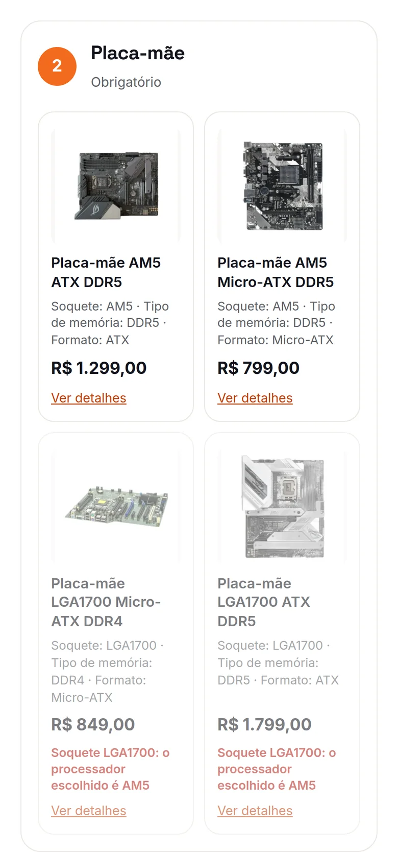 O Monte seu PC no celular: a etapa Placa-mãe com as placas LGA1700 apagadas e o motivo embaixo O Monte seu PC no celular: a etapa Placa-mãe com as placas LGA1700 apagadas e o motivo embaixo