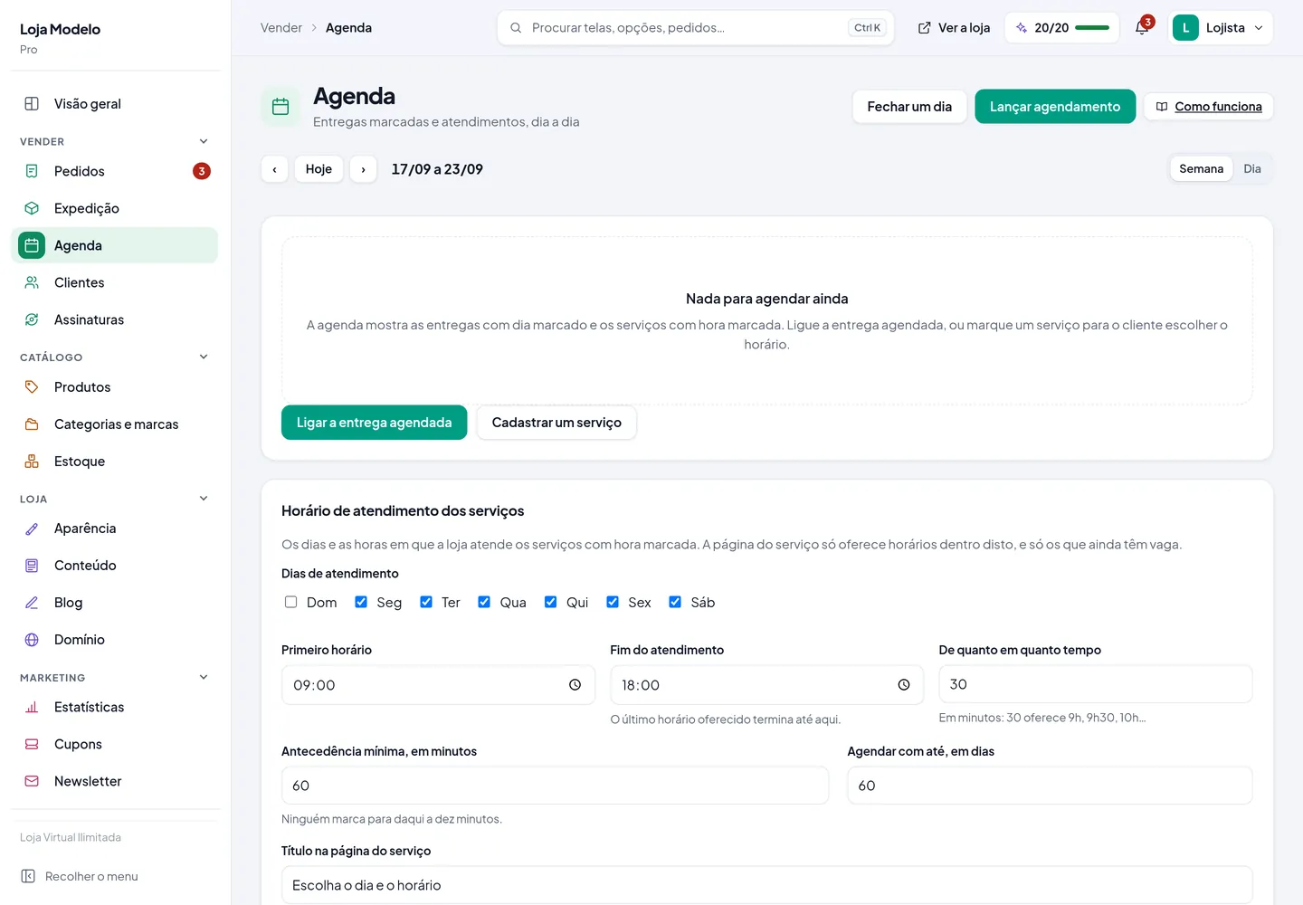 A tela da agenda de entregas, com os dias, os períodos e as vagas de cada um