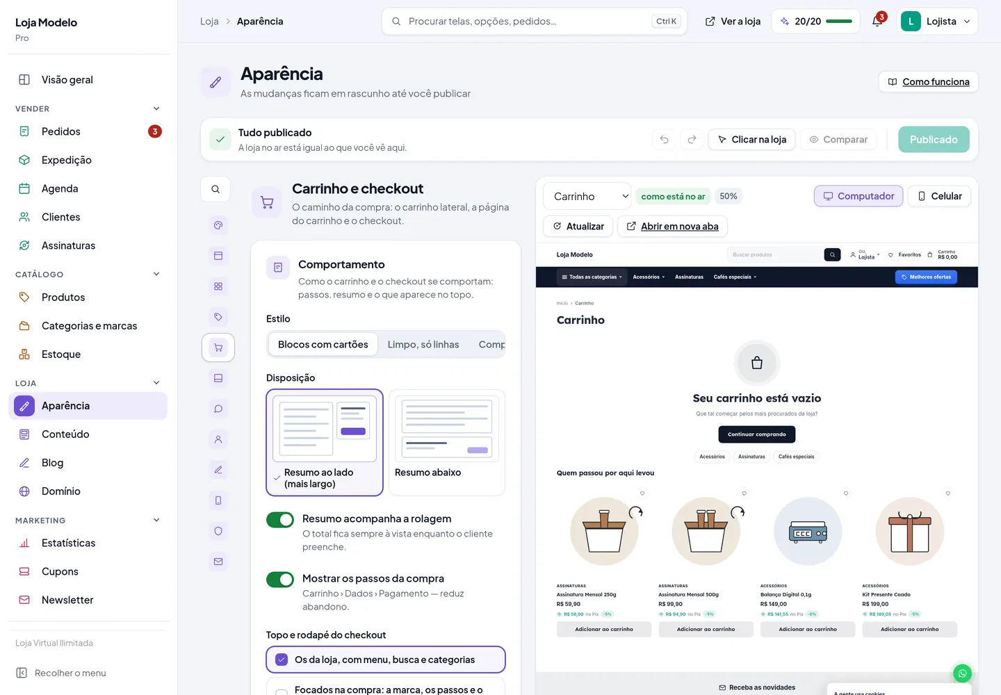 A seção do carrinho e do checkout, com comportamento, aparência e textos