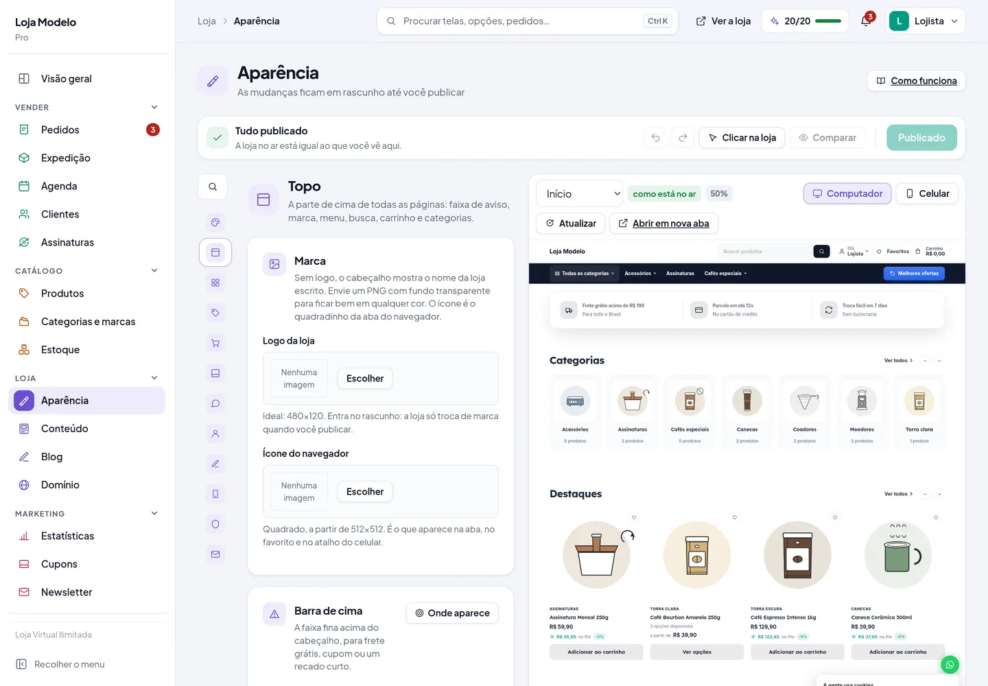 A seção Topo da aparência, com logo, cabeçalho, busca e menu de categorias