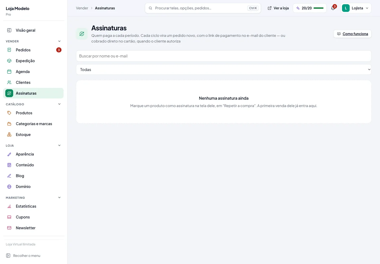 A tela de assinaturas, com os clientes que assinam, o valor recorrente e a próxima cobrança A tela de assinaturas, com os clientes que assinam, o valor recorrente e a próxima cobrança