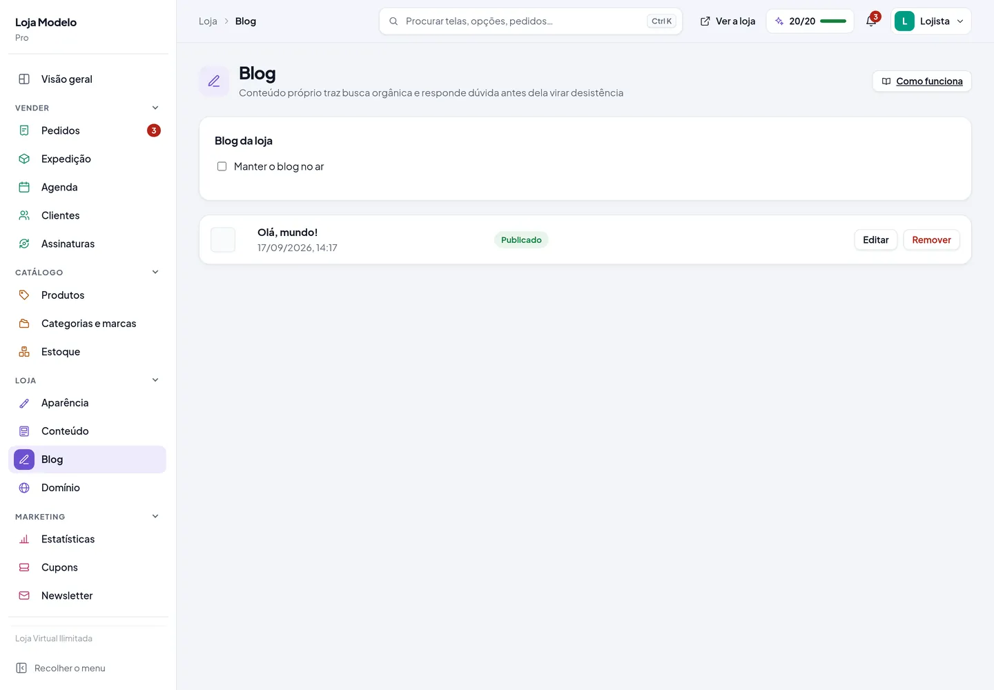 A tela do blog da loja, com a lista de posts publicados e rascunhos