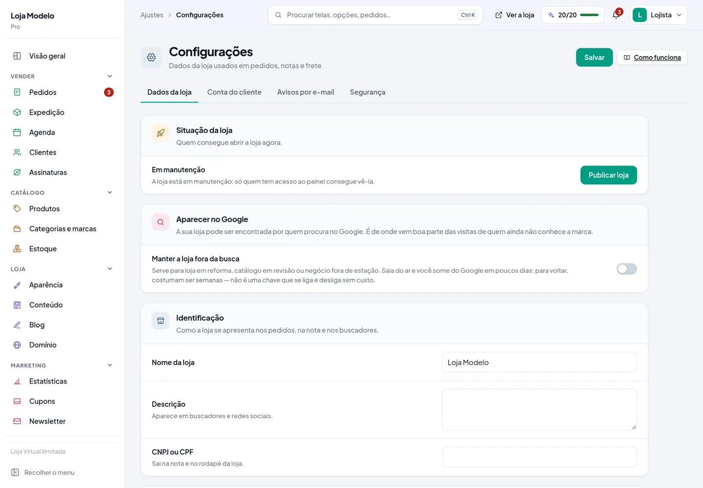 A tela de configurações, com os dados da loja, endereço e segurança