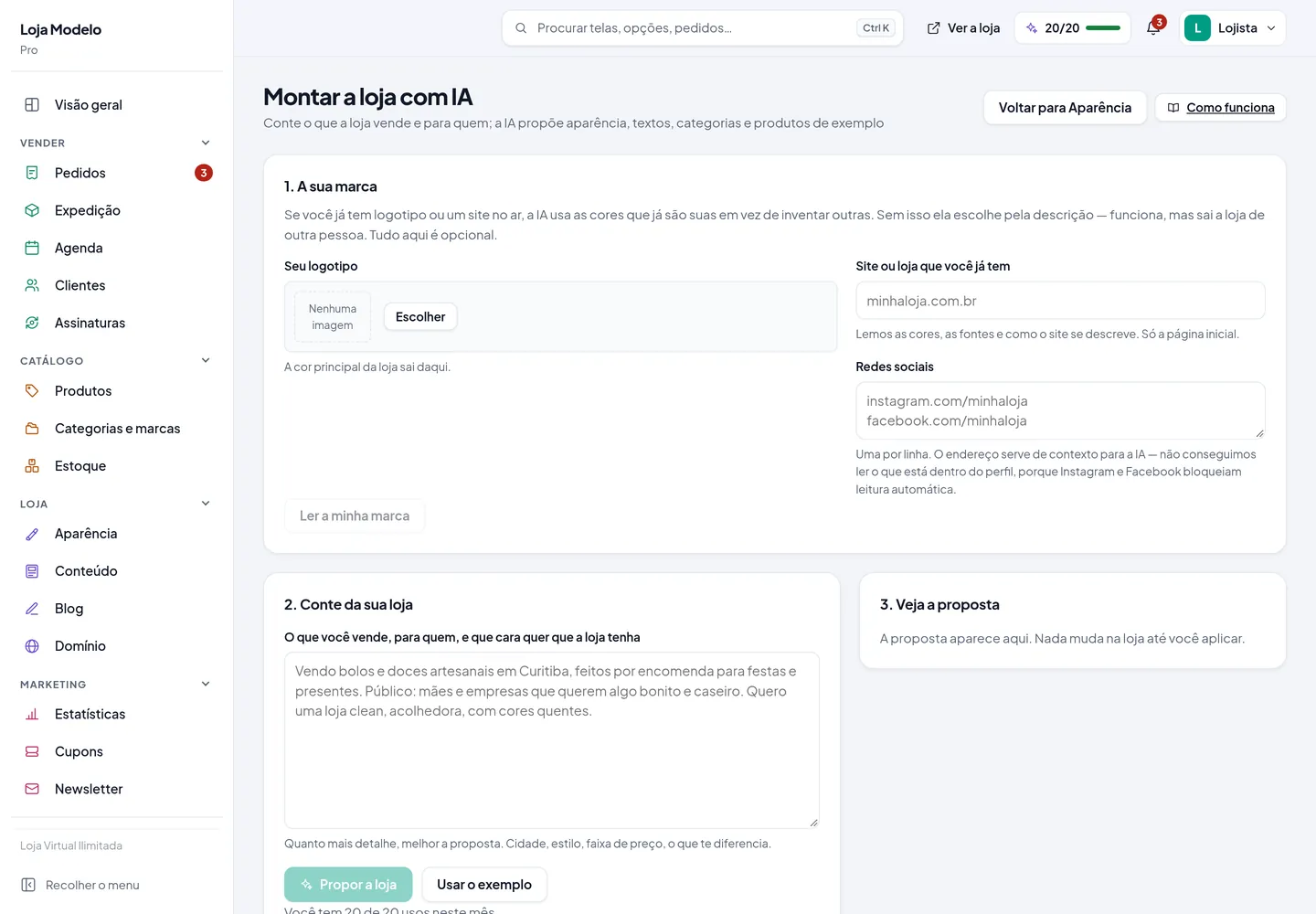 A tela de criar com inteligência artificial, onde se descreve a loja e ela é montada