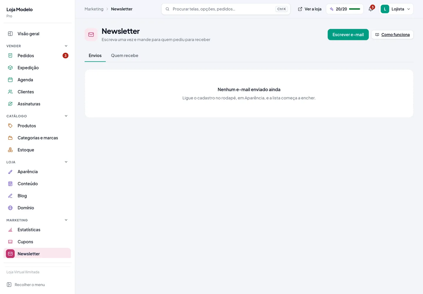 A tela de newsletter, com a lista de inscritos e o envio de e-mail