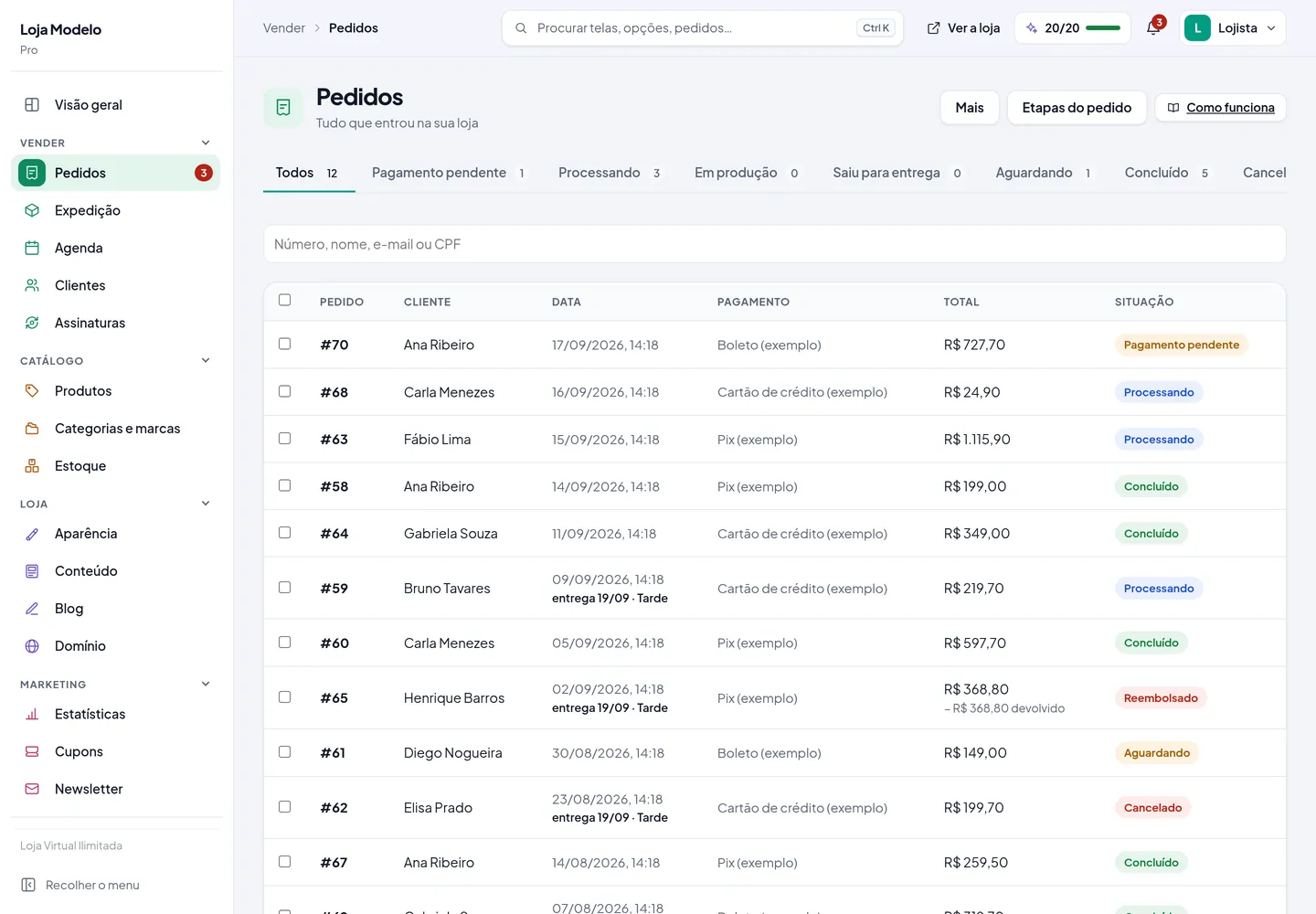 A tela Pedidos, com a lista de pedidos, a situação de cada um e os filtros por período