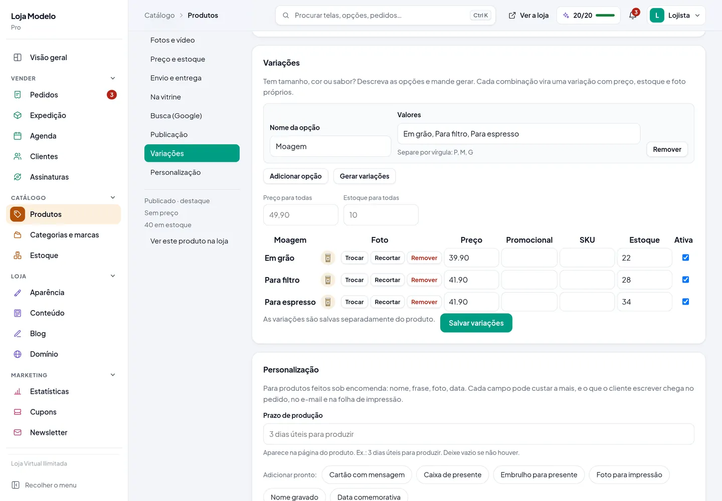A seção Variações do editor de produto, com a grade de opções, preço e estoque de cada uma