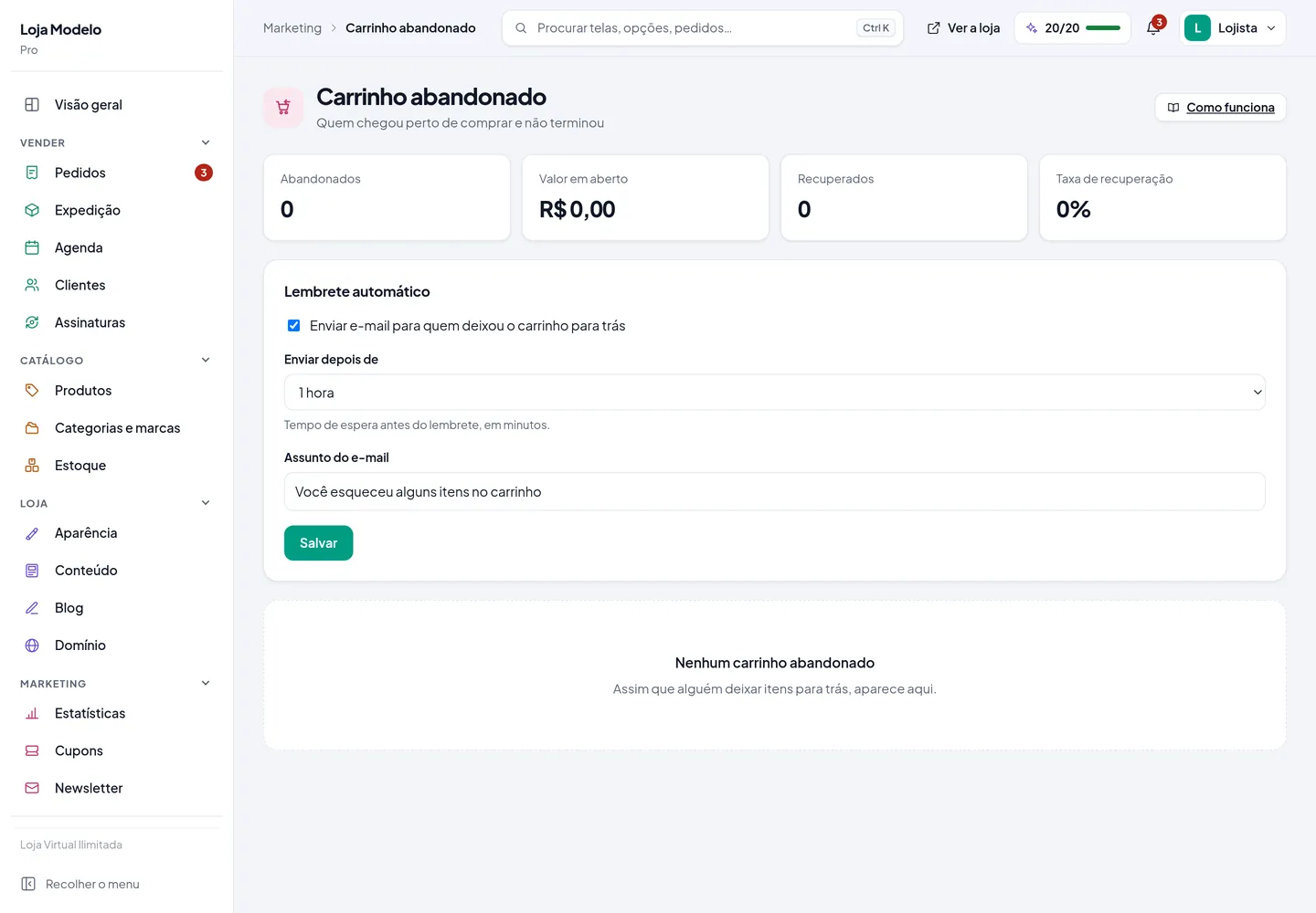 A tela de carrinho abandonado, com os carrinhos deixados para trás, o valor em aberto e o lembrete automático