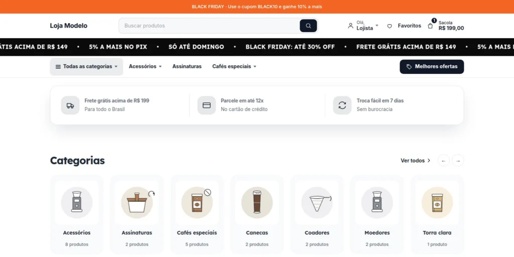 Loja com o aviso do cupom no topo e a faixa de Black Friday passando Loja com o aviso do cupom no topo e a faixa de Black Friday passando