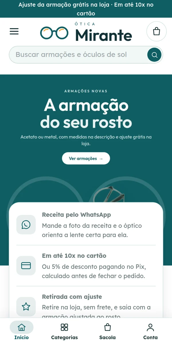 A loja Ótica Mirante aberta no celular