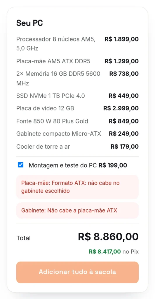 O resumo do PC com as peças, a montagem, dois avisos, o total e o preço no Pix