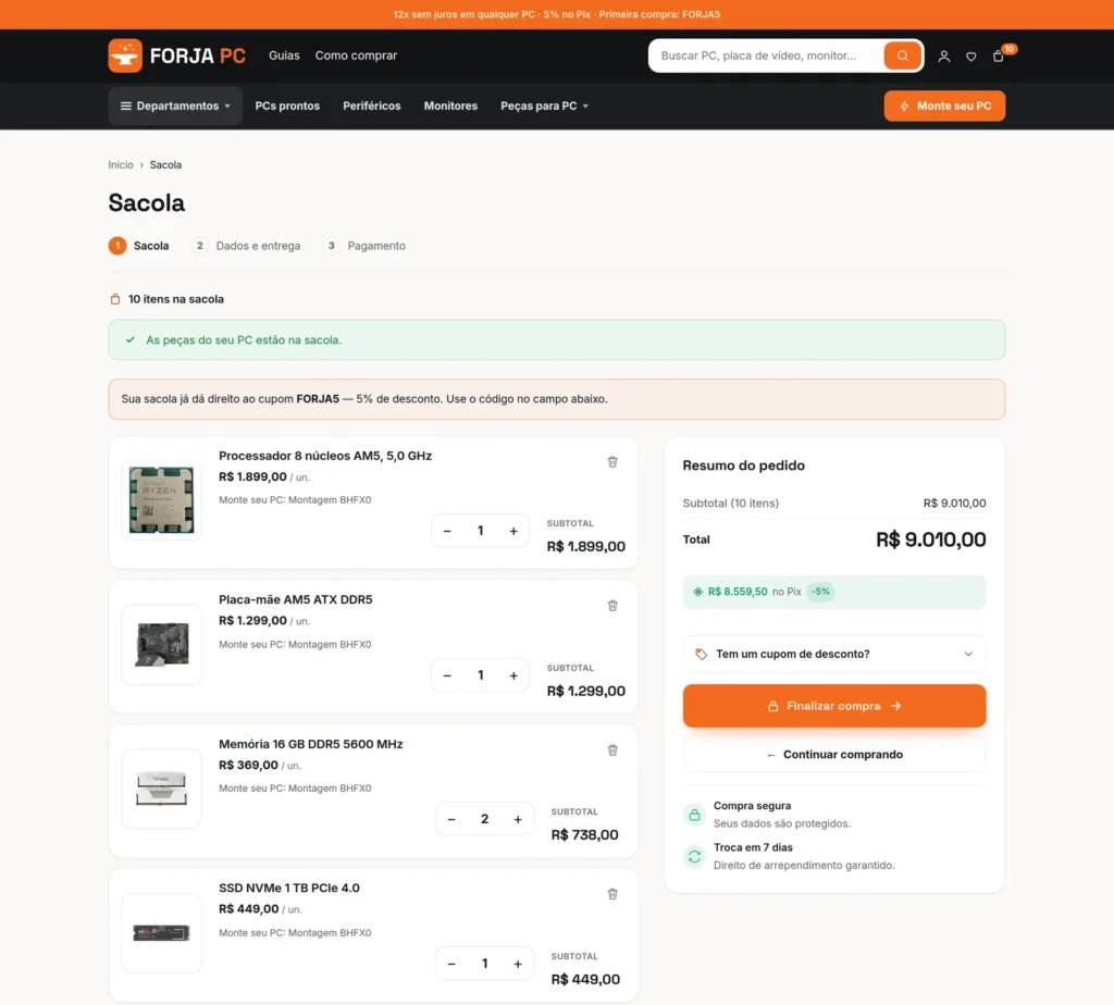 A sacola com as peças do PC marcadas como uma montagem