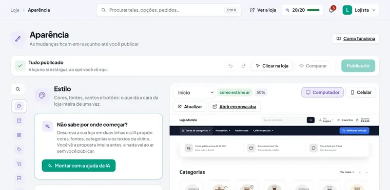 A tela de aparência do painel, com o modelo e as cores da loja