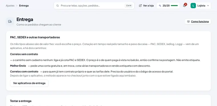 A tela de entrega do painel, com as formas de frete
