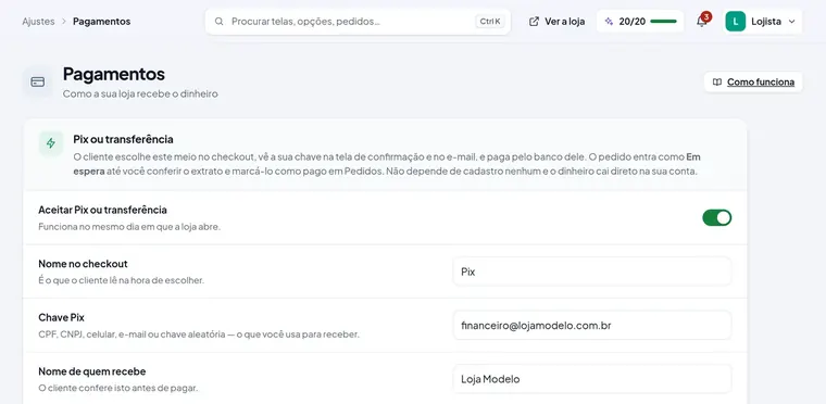 A tela de pagamentos do painel, com Pix e cartão