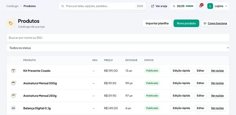 A lista de produtos no painel da loja, com foto, preço e estoque