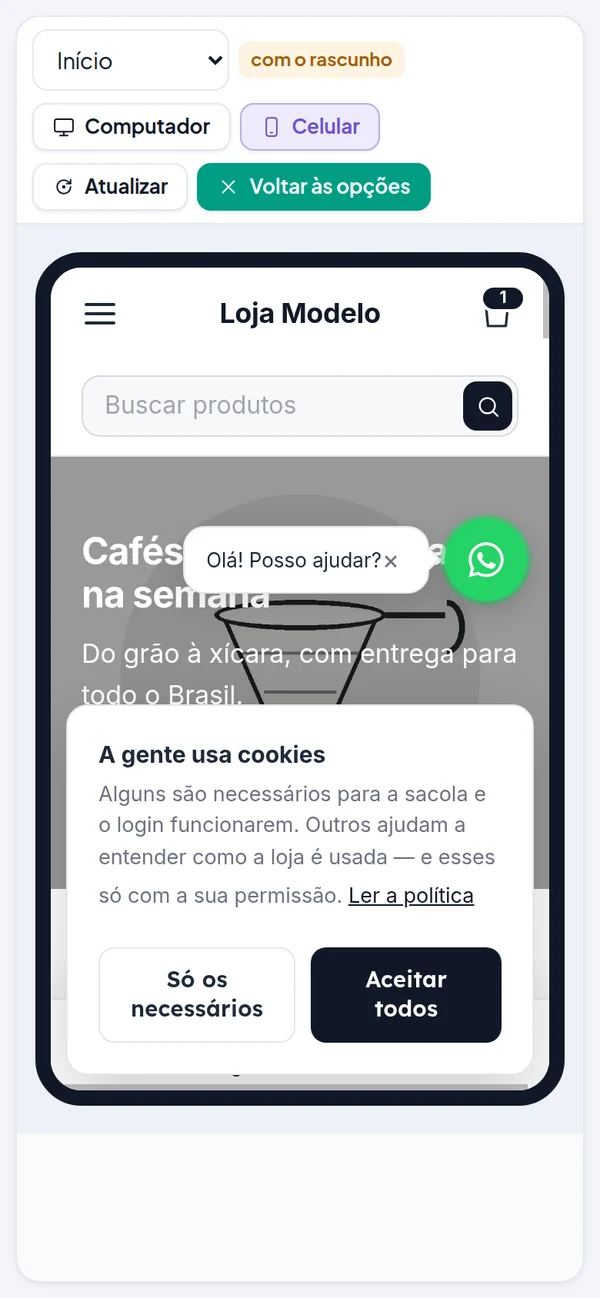 O assistente no celular com a loja aberta em tela cheia e o botão Voltar às opções O assistente no celular com a loja aberta em tela cheia e o botão Voltar às opções