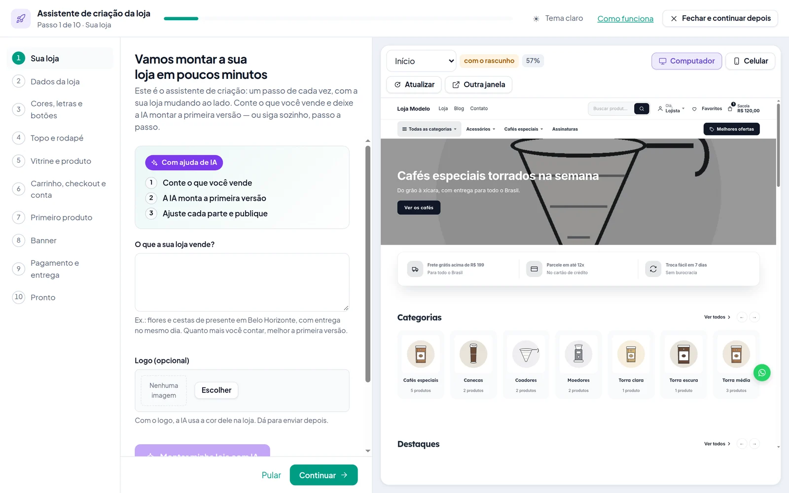 O primeiro passo do assistente: o selo Com ajuda de IA, o campo do que a loja vende, o logo e o botão Montar minha loja com IA O primeiro passo do assistente: o selo Com ajuda de IA, o campo do que a loja vende, o logo e o botão Montar minha loja com IA