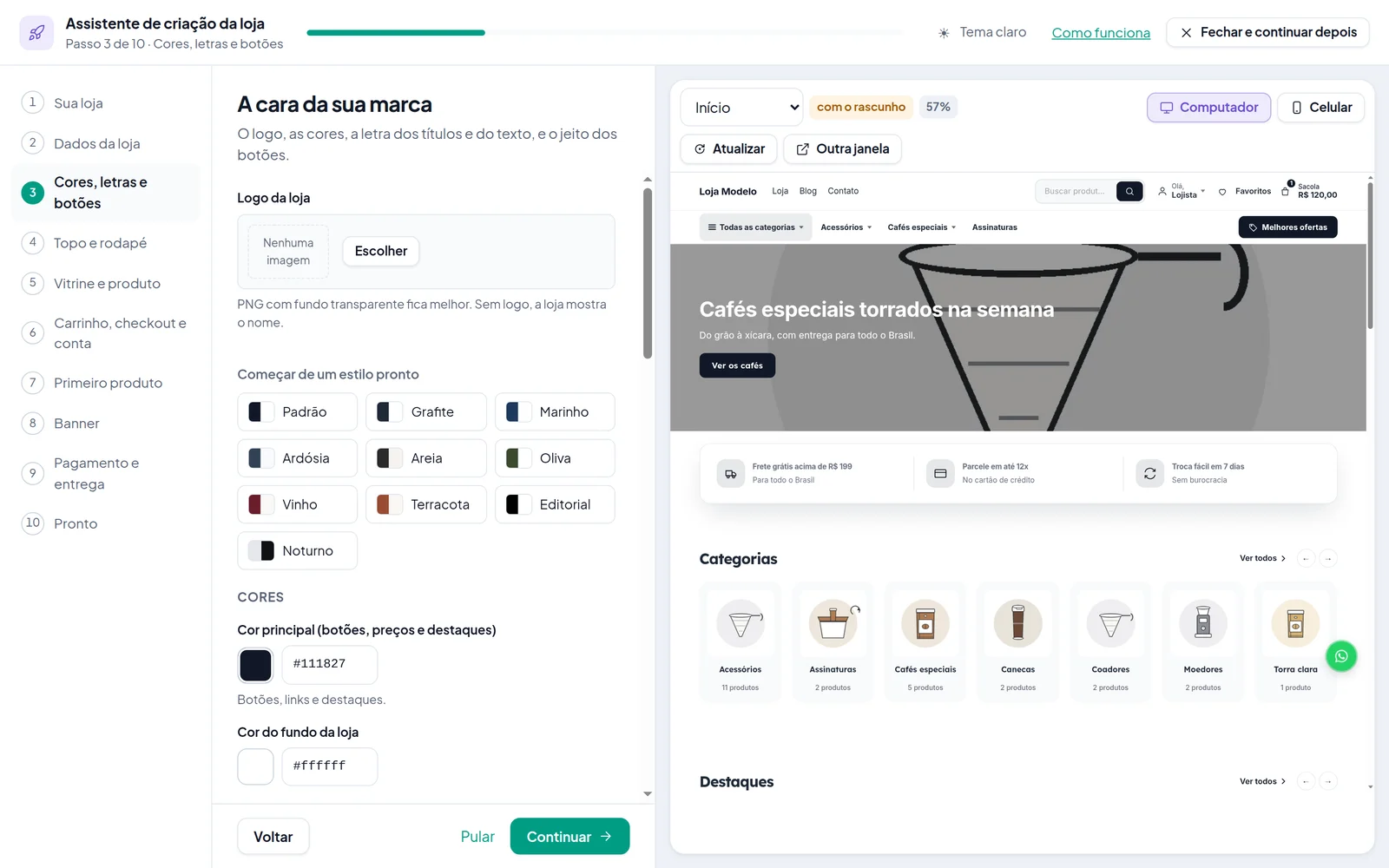 O assistente de criação no passo Cores, letras e botões: estilos prontos e cores à esquerda, a loja de verdade à direita O assistente de criação no passo Cores, letras e botões: estilos prontos e cores à esquerda, a loja de verdade à direita