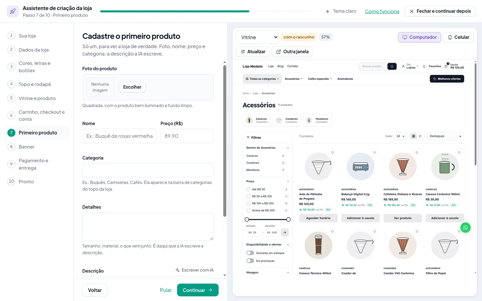 O passo Primeiro produto: foto, nome, preço, categoria, detalhes e a descrição com o botão Escrever com IA O passo Primeiro produto: foto, nome, preço, categoria, detalhes e a descrição com o botão Escrever com IA